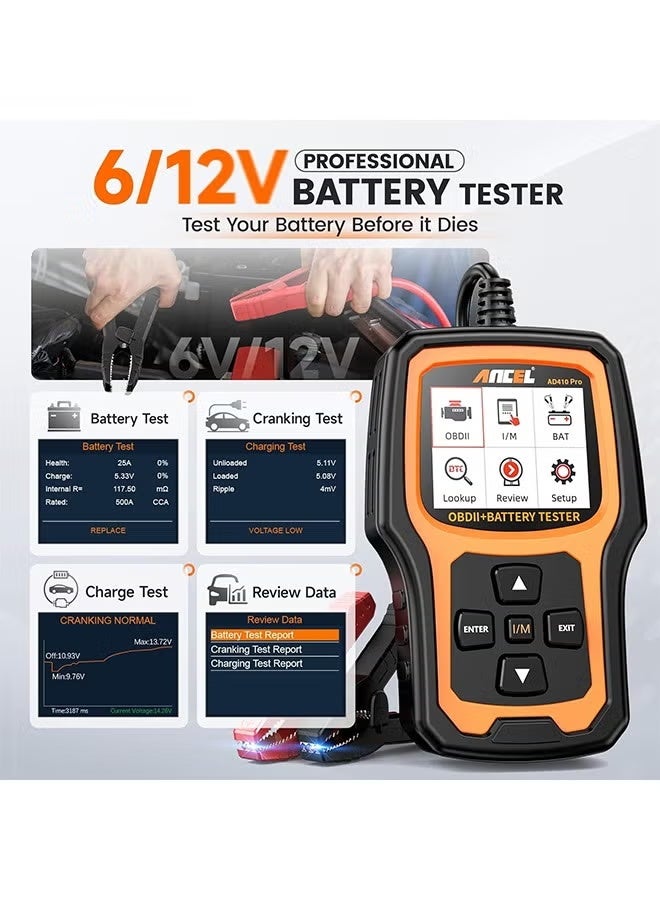 ANCEL AD410 Pro 2 in 1 OBD2 Scanner Battery Tester, OBD2 Scanner Diagnostic Tool for Car Check Engine Code Reader Scan Tool & 6V 12V 100-2000 CCA Battery Charging Cranking Test EVAP Live Data - Image 5